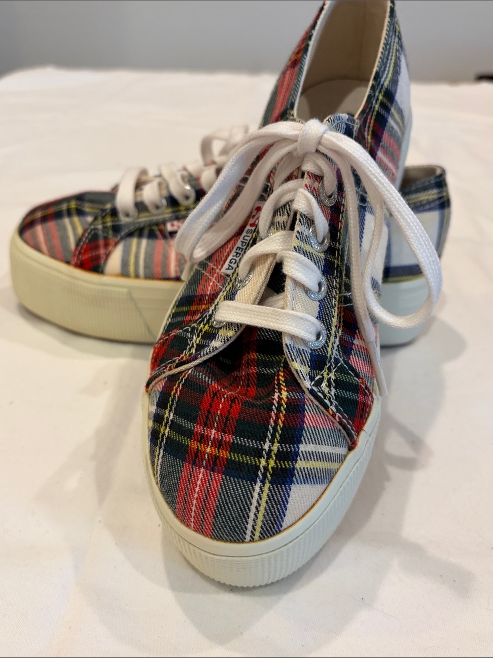Superga Plaid Platform Canvas Sneakers in Red, Blue, Yellow, White, Wm Sz 6